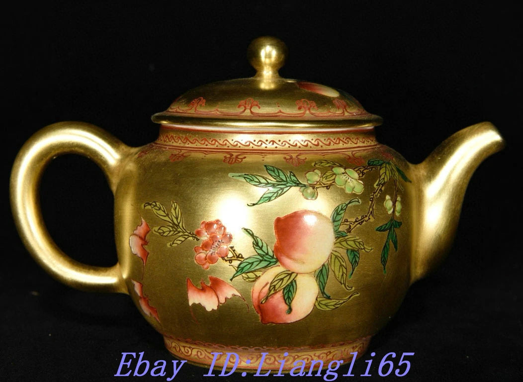 5.9" Old Qing Dynasty Enamel Colour Porcelain Gilt Peach Wine Tea Pot Flagon-