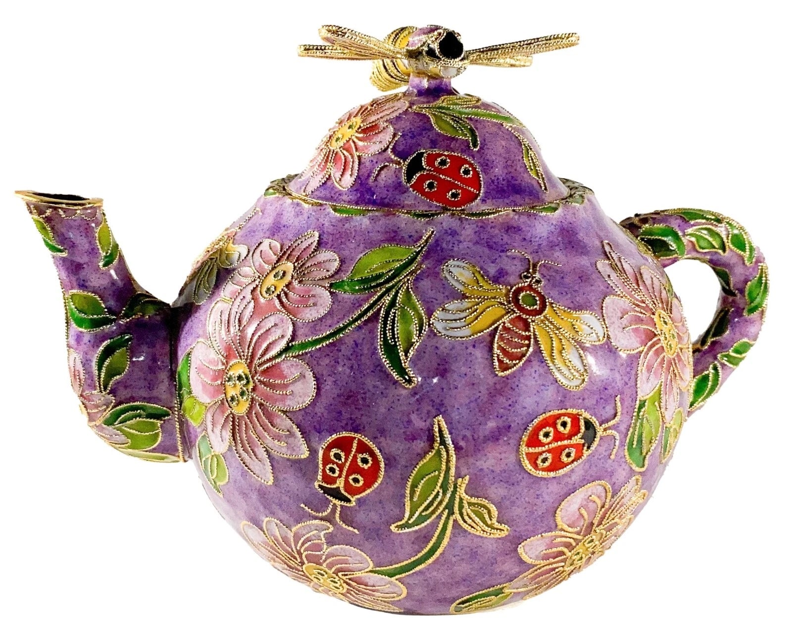 Bumblebee Ladybug Cloisonne Enamel Teapot Purple Floral Accents VintageTea Pot
