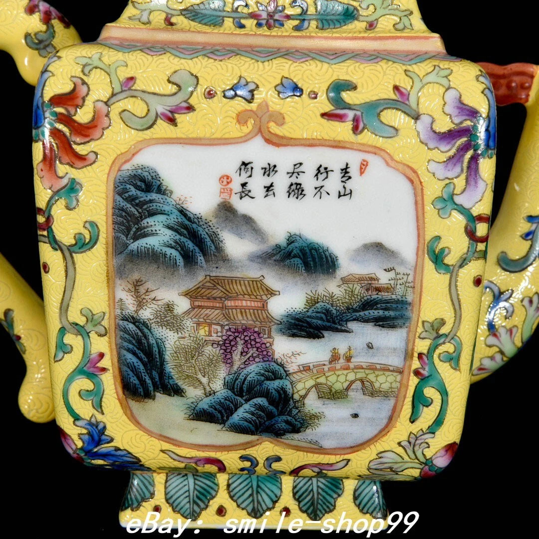 7" Yongzheng Dynasty Enamel Colour Porcelain Gilt Fengshui landscape Kettle Pot