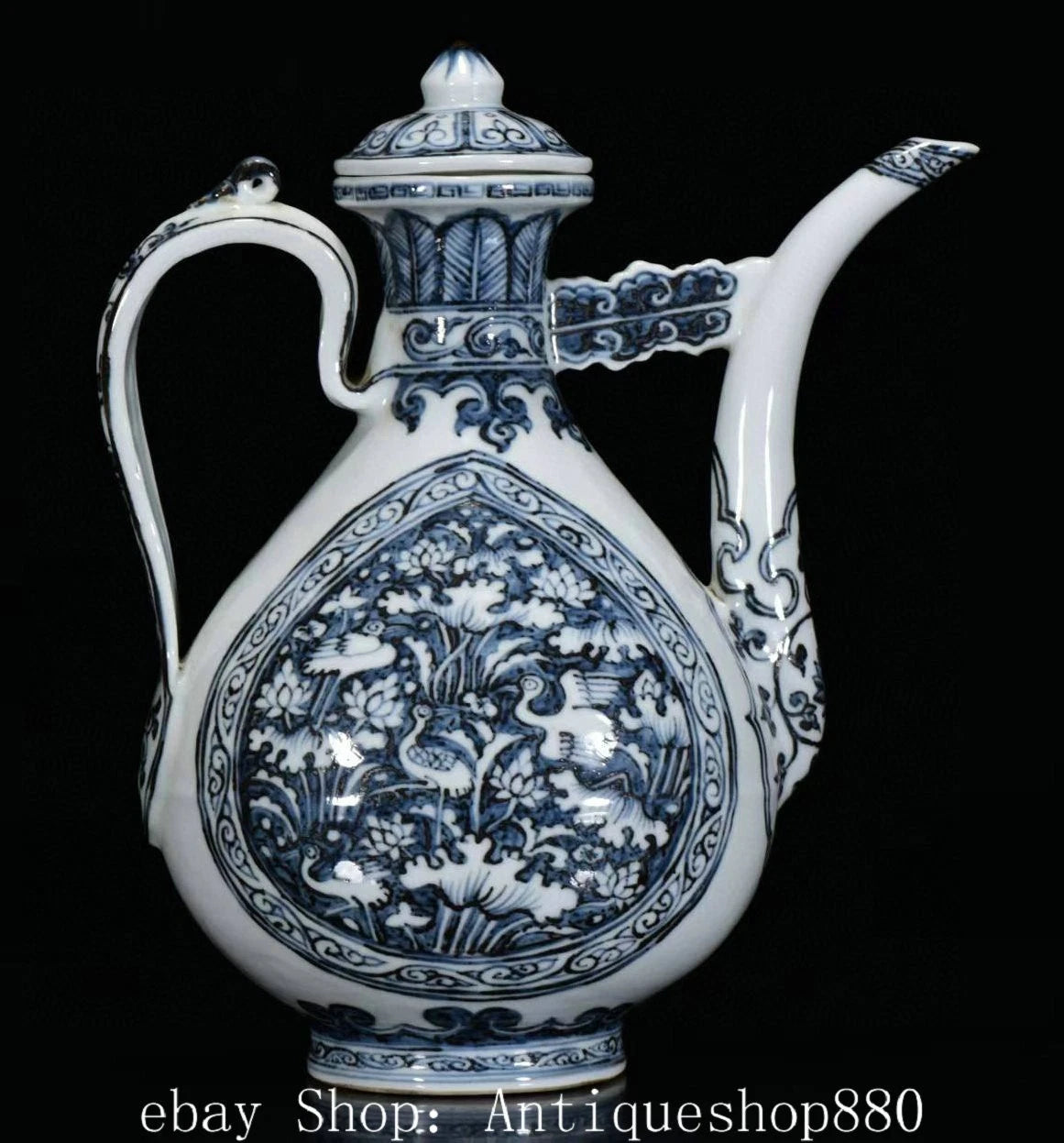 10.2" Ming Hong Wu Year Blue White Porcelain Crane Birds Wine Tea Pot Flagon