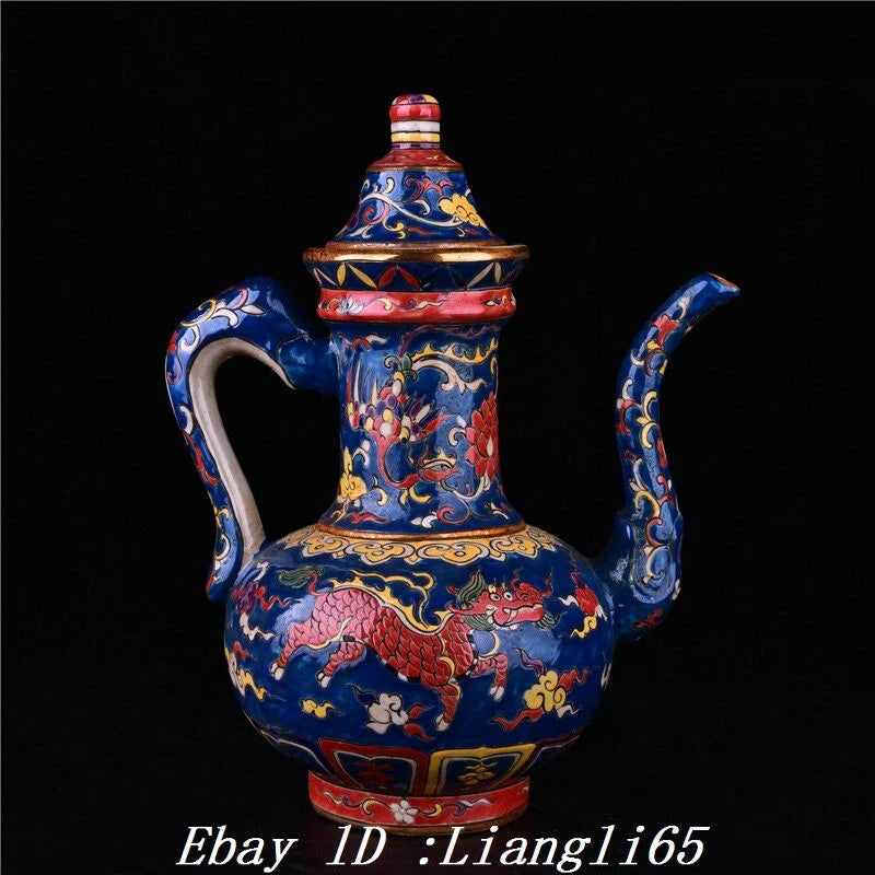 12.5" Enamel Colour Porcelain Gilt Kylin Kirin Phoenix Birds Wine Tea Pot Flagon-