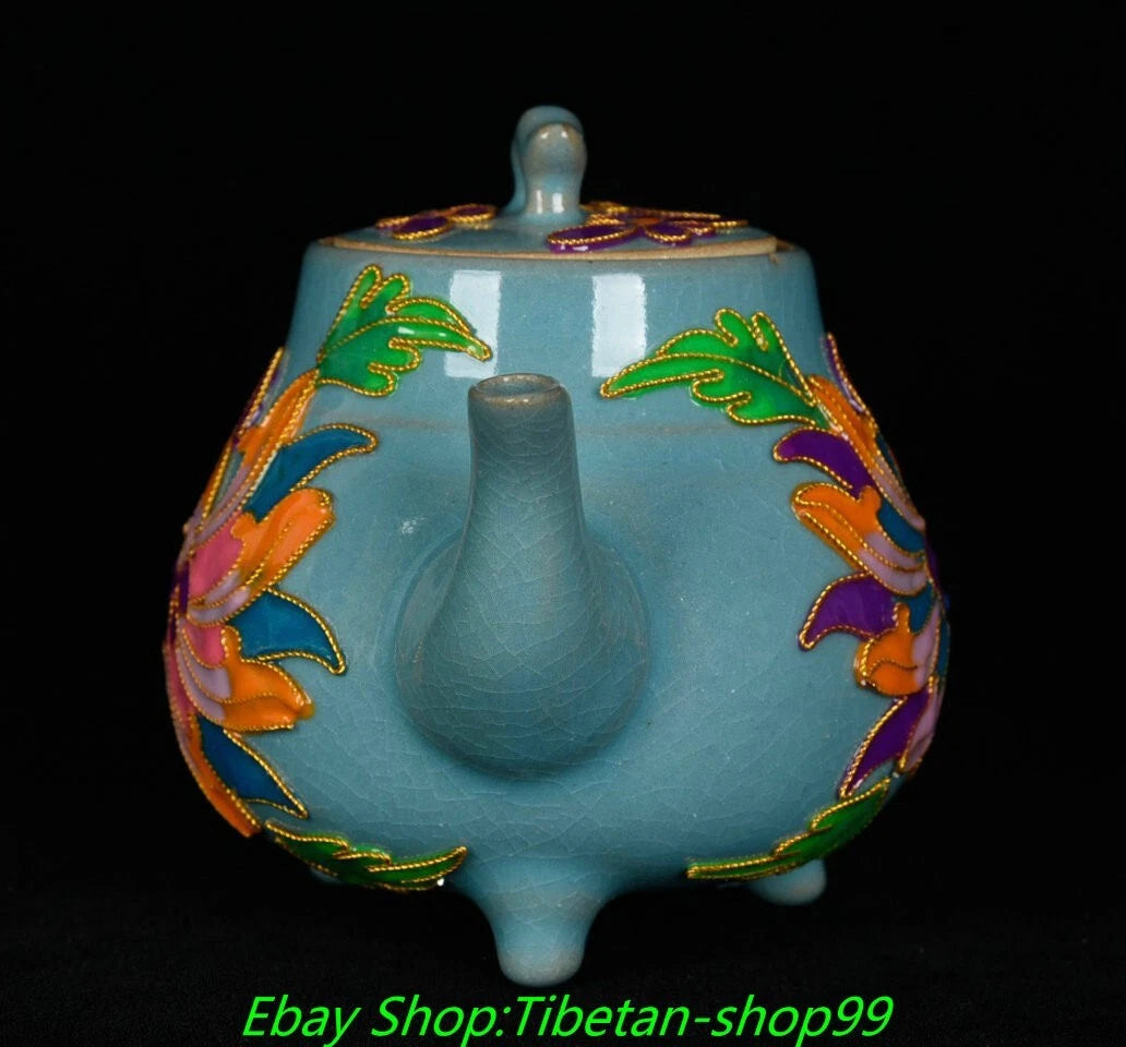 5.7''Old Song Dynasty Ru Kiln Enamel Colour Porcelain 3 leg Wine Tea Pot Flagon