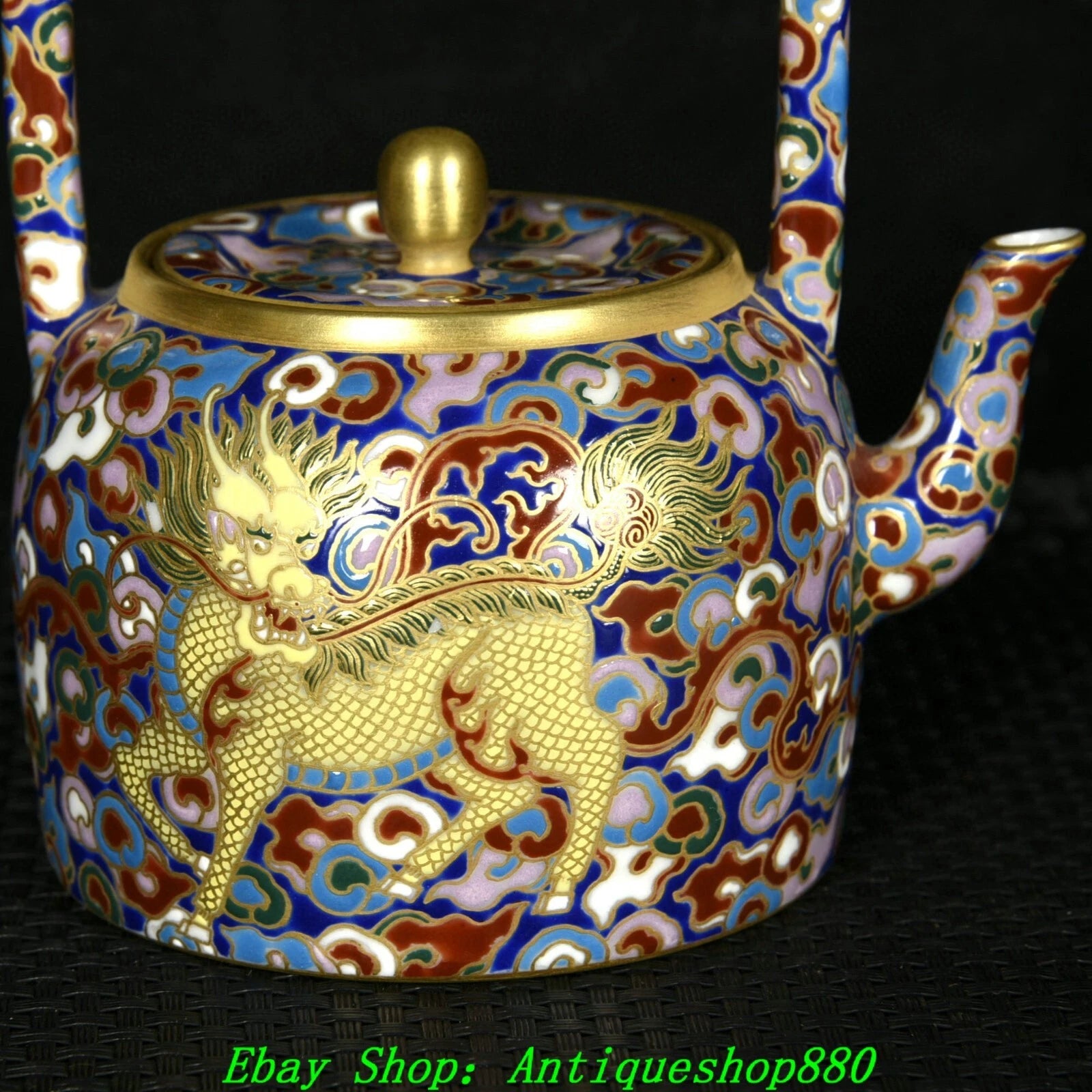 4.9''Qing Qianlong Marked Enamel Colour Porcelain Gold Kylin Wine Tea Pot Flagon-