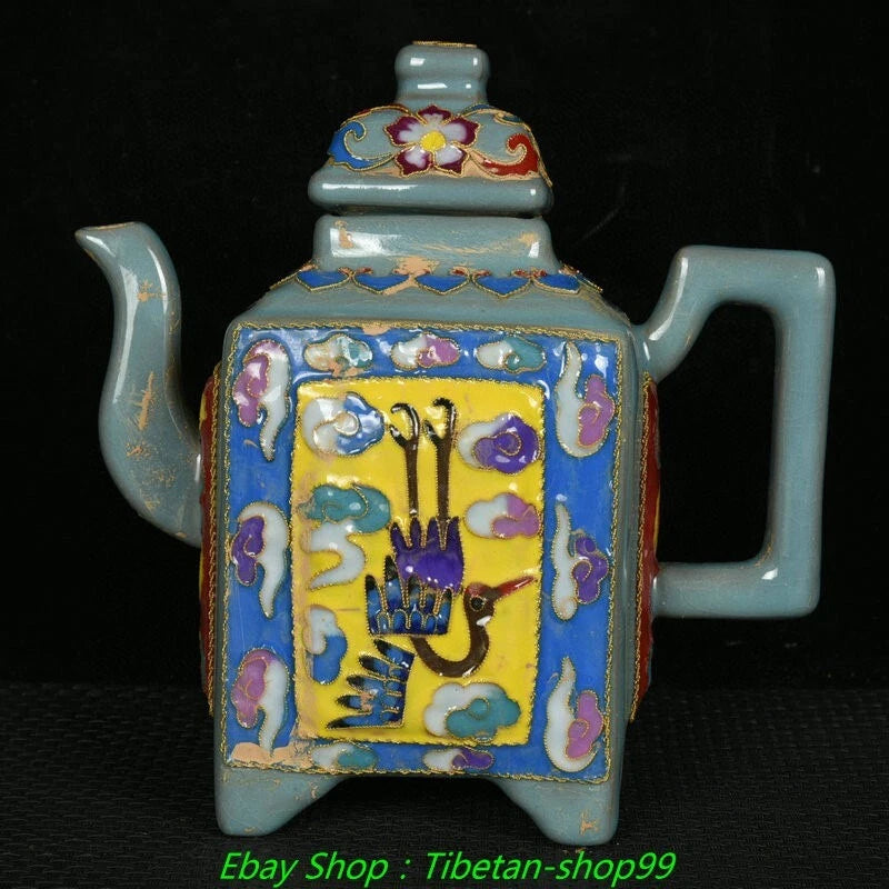 7''Old Song Ru Kiln Enamel Colour Porcelain Crane Wine Cup Tea Pot Flagon Set