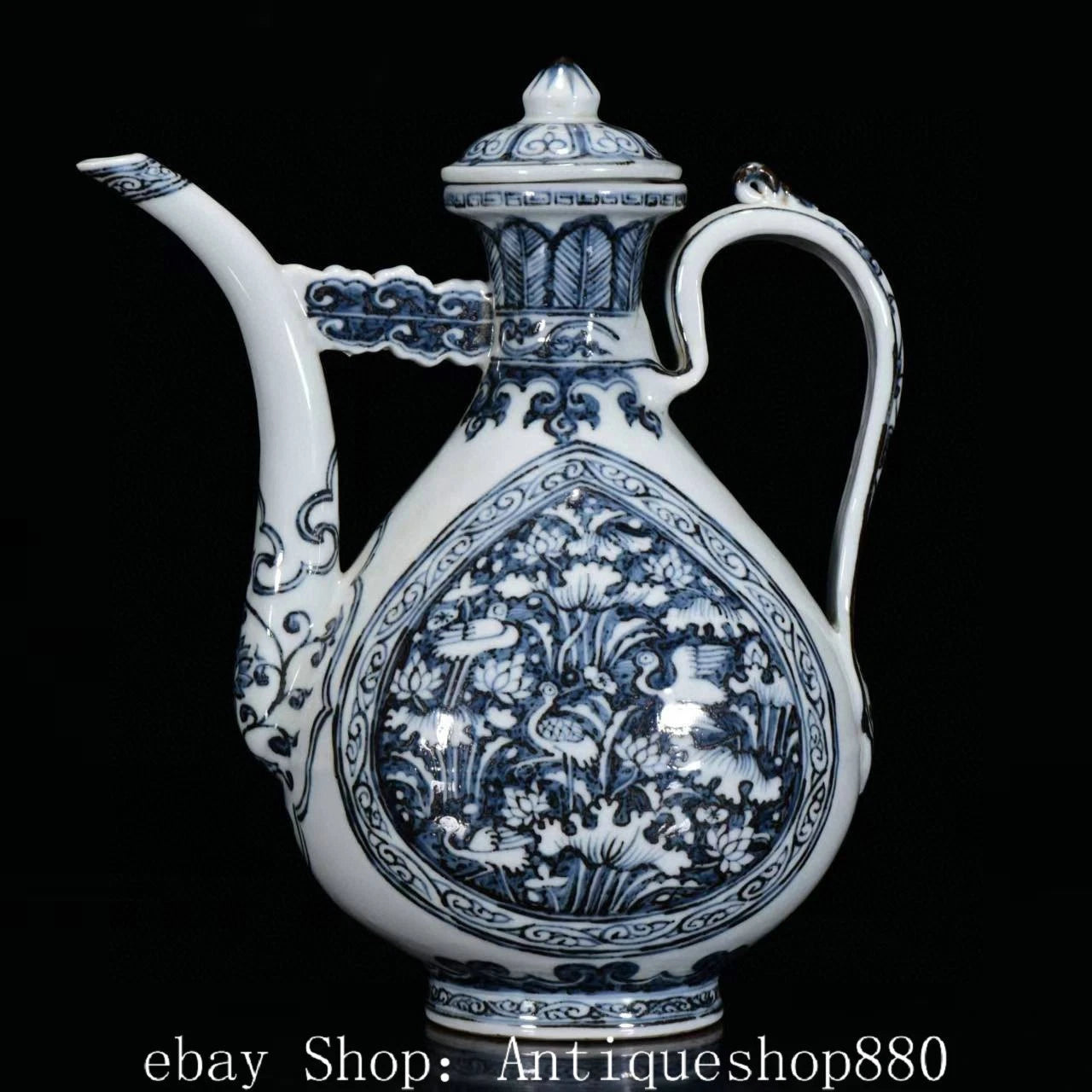 10.2" Ming Hong Wu Year Blue White Porcelain Crane Birds Wine Tea Pot Flagon