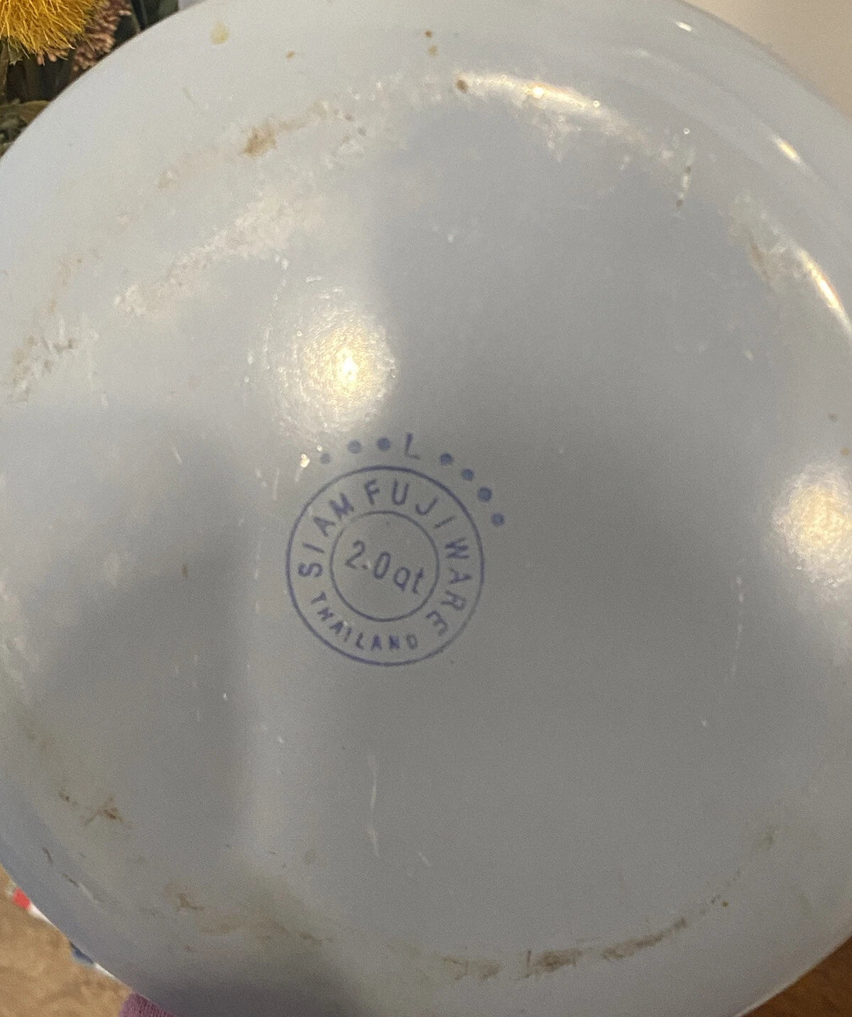 2-Vintage 2 QT Siam FujiWare Tea Kettle Thailand White Blue Enamel