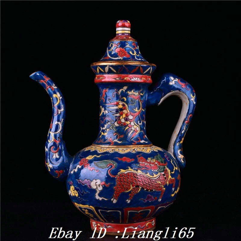 12.5" Enamel Colour Porcelain Gilt Kylin Kirin Phoenix Birds Wine Tea Pot Flagon-