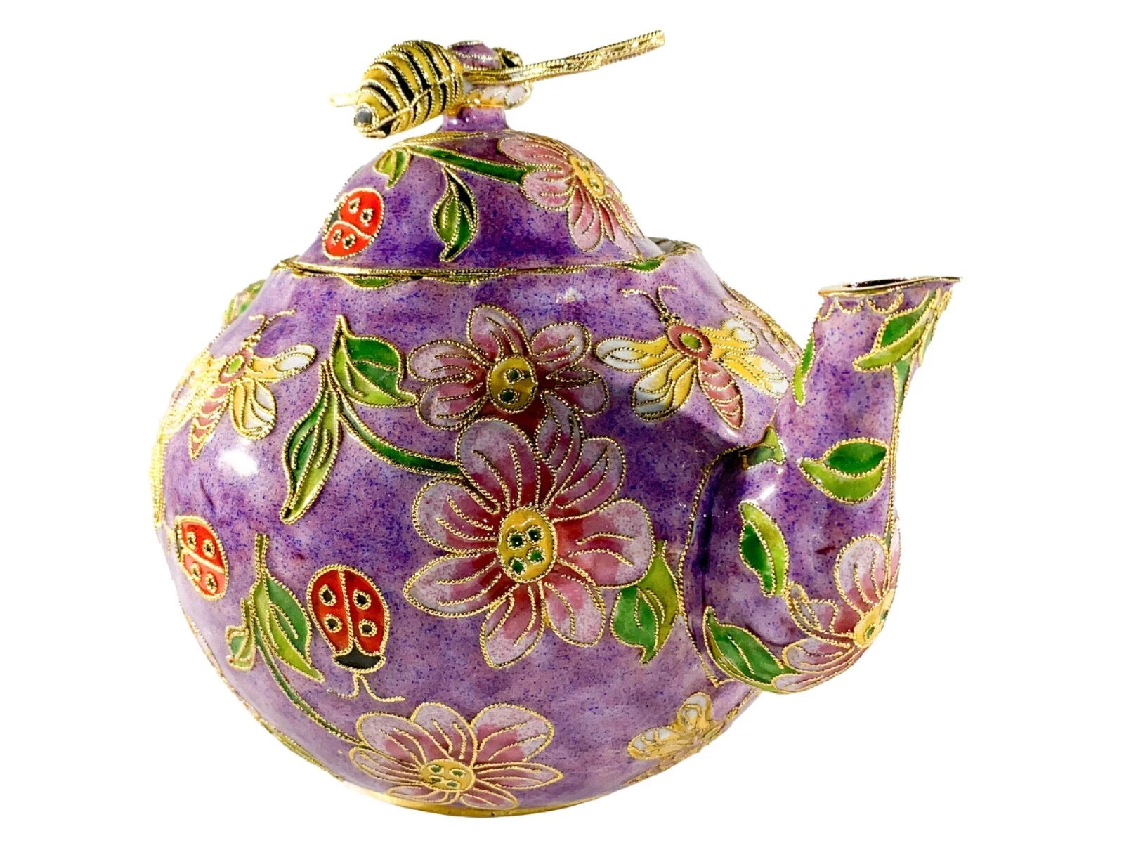 Bumblebee Ladybug Cloisonne Enamel Teapot Purple Floral Accents VintageTea Pot