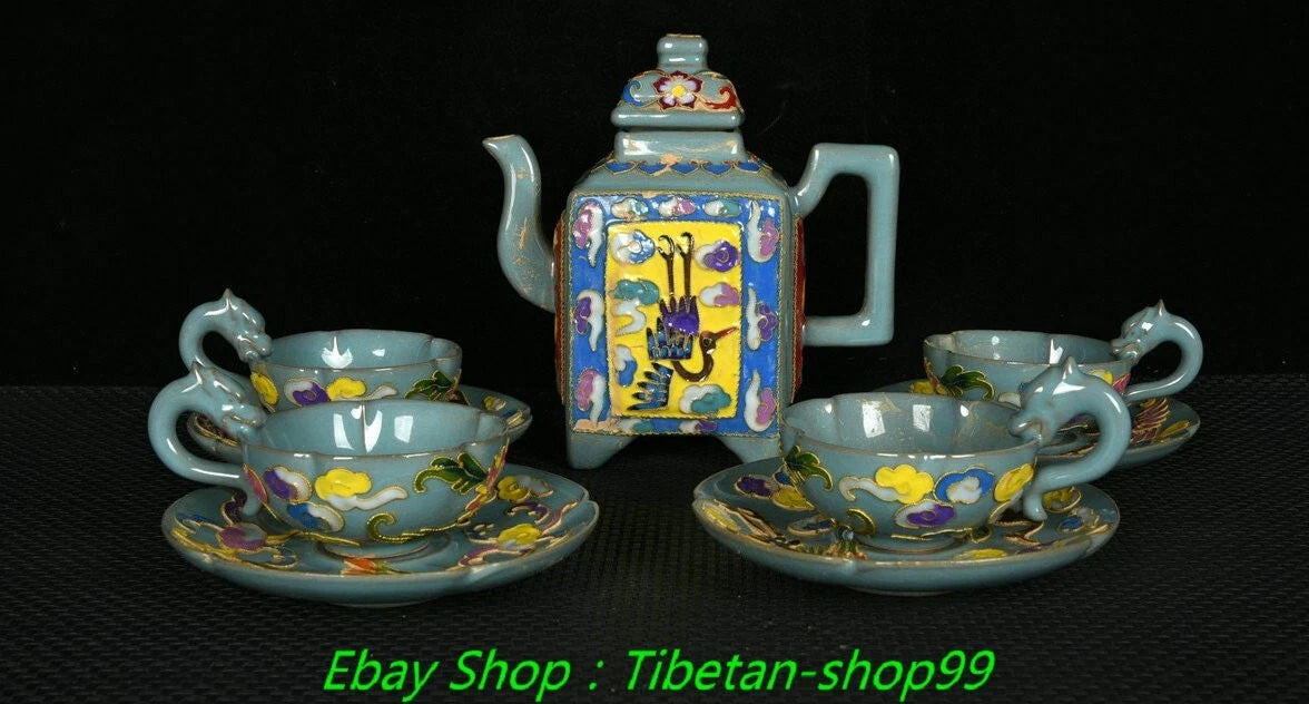 7''Old Song Ru Kiln Enamel Colour Porcelain Crane Wine Cup Tea Pot Flagon Set