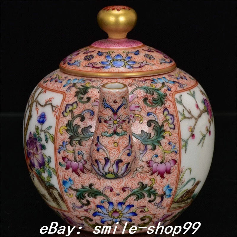 7" Qianlong Dynasty Enamel Colour Porcelain Gilt Fengshui Flower Bird Kettle Pot