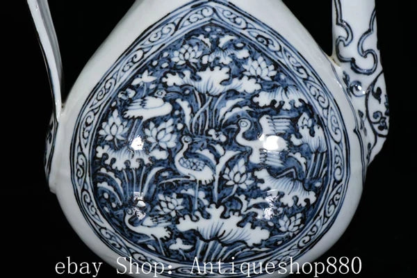 10.2" Ming Hong Wu Year Blue White Porcelain Crane Birds Wine Tea Pot Flagon
