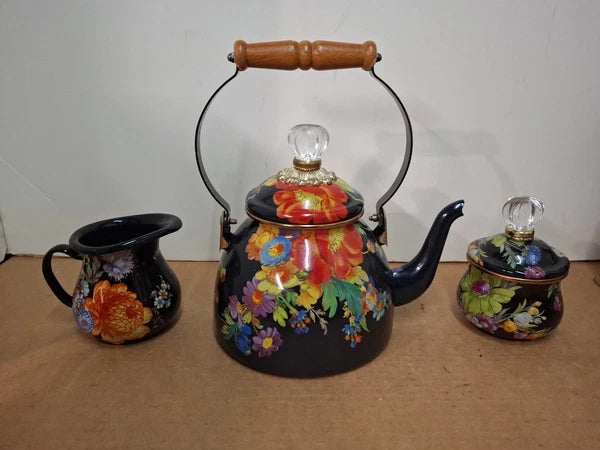 3 PIECE SET - MacKENZIE CHILDS BLACK FLOWER MARKET TEA KETTLE + Creamer Sugar