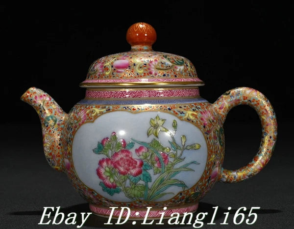 5'' Qing Qianlong Enamel Colour Porcelain Gold Peony Flower Wine Tea Pot Flagon-