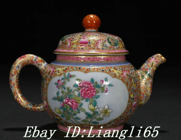 5'' Qing Qianlong Enamel Colour Porcelain Gold Peony Flower Wine Tea Pot Flagon-