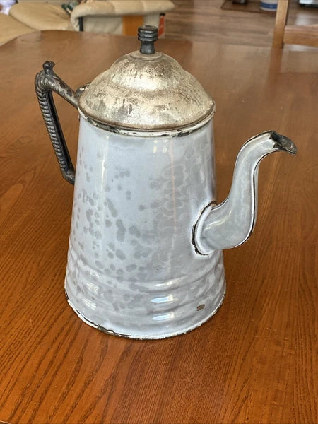 ANTIQUE GREY GRANITEWARE ENAMEL COFFEE TEAPOT IRON HANDLE WOOD KNOB PAT OCT 1889