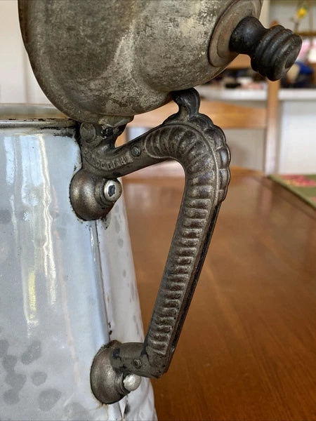 ANTIQUE GREY GRANITEWARE ENAMEL COFFEE TEAPOT IRON HANDLE WOOD KNOB PAT OCT 1889