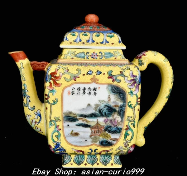 7" Qing Yongzheng Enamel Colour Porcelain Landscape Flower Wine Tea Pot Flagon