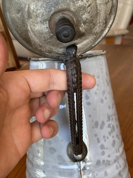 ANTIQUE GREY GRANITEWARE ENAMEL COFFEE TEAPOT IRON HANDLE WOOD KNOB PAT OCT 1889