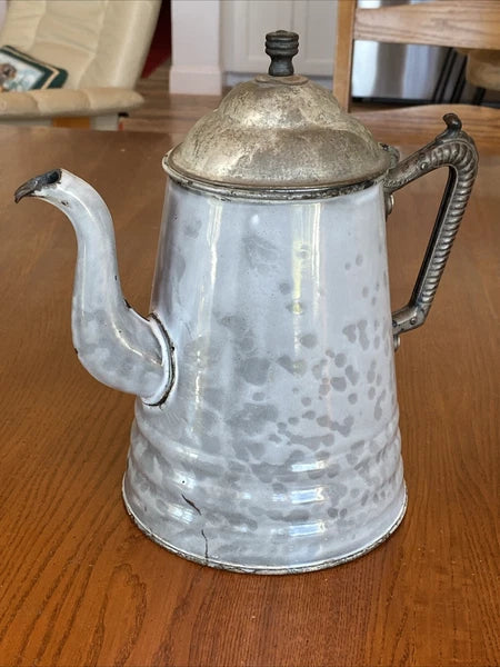 ANTIQUE GREY GRANITEWARE ENAMEL COFFEE TEAPOT IRON HANDLE WOOD KNOB PAT OCT 1889