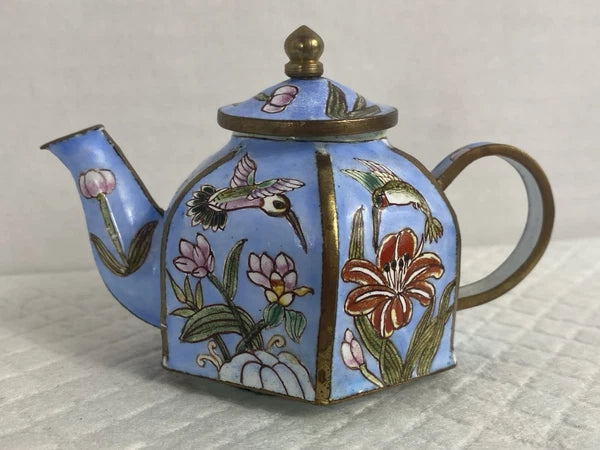 B. Yee Chinemel Miniature Teapot Copper & Enamel Blue Sky Hummingbird Vintage