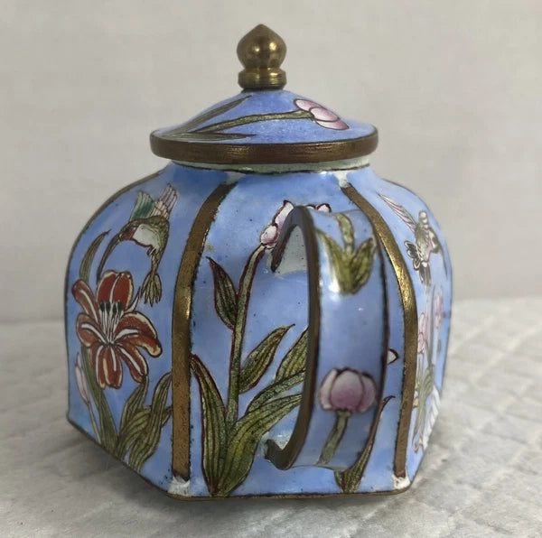 B. Yee Chinemel Miniature Teapot Copper & Enamel Blue Sky Hummingbird Vintage