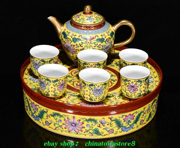 9''Old Enamel Colour Porcelain Gold Cup Mug Glass Wine Tea Pot Flagon Plate Set