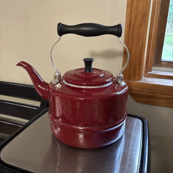 Classic PD Paula Deen Signature Speckled Burgundy Enamel Tea Pot Kettle!