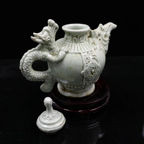 9.10in Chinese Song Celadon Cracked Porcelain Carved Dragon Teapot