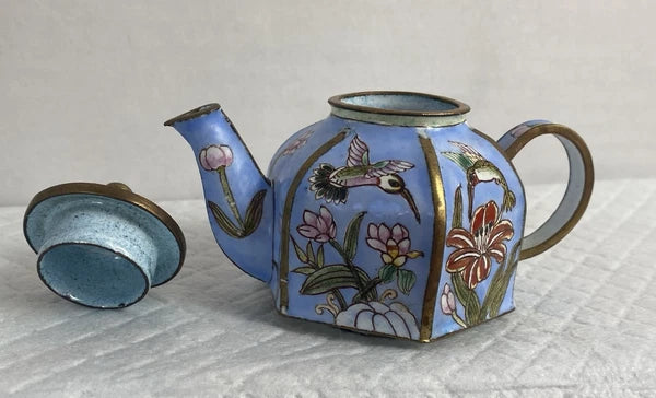 B. Yee Chinemel Miniature Teapot Copper & Enamel Blue Sky Hummingbird Vintage