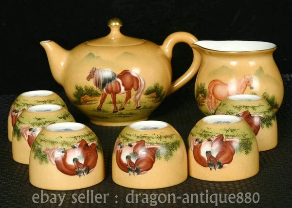 5.6" Old China Yongzheng Marked Colour Enamel Porcelain Horse Teacup Teapot Set