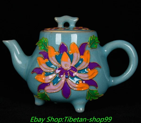 5.7''Old Song Dynasty Ru Kiln Enamel Colour Porcelain 3 leg Wine Tea Pot Flagon