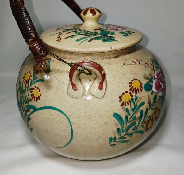 Antique Japanese Yellow Ware Ceramic Famille Rose Raised Enamel Teapot