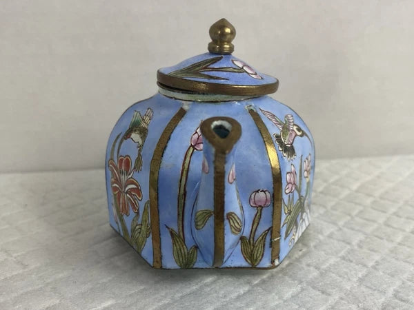 B. Yee Chinemel Miniature Teapot Copper & Enamel Blue Sky Hummingbird Vintage