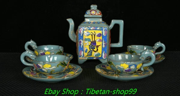 7''Old Song Ru Kiln Enamel Colour Porcelain Crane Wine Cup Tea Pot Flagon Set