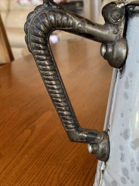 ANTIQUE GREY GRANITEWARE ENAMEL COFFEE TEAPOT IRON HANDLE WOOD KNOB PAT OCT 1889