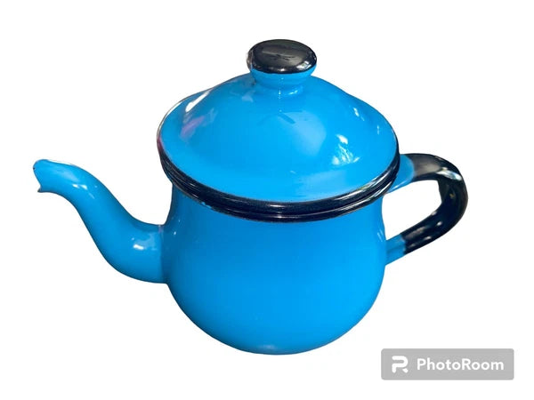 Vintage Tea Kettle Enamel Turquoise Blue Black Japan 5” Farmhouse Collectible
