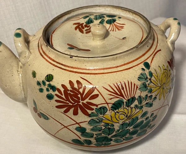Antique Japanese Yellow Ware Ceramic Famille Rose Raised Enamel Teapot Signed