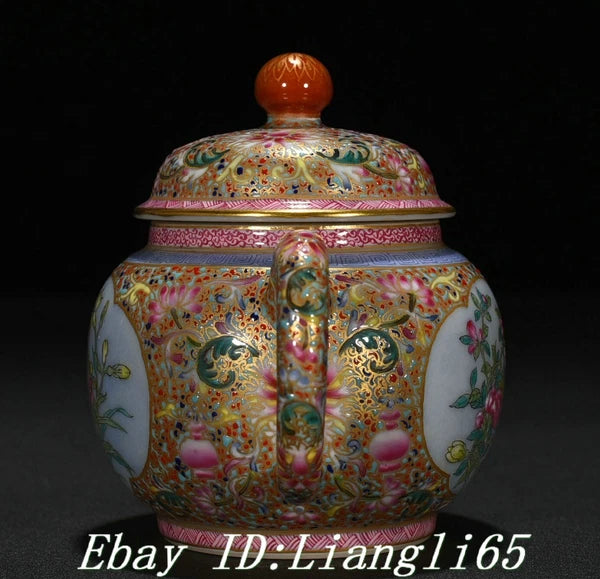 5'' Qing Qianlong Enamel Colour Porcelain Gold Peony Flower Wine Tea Pot Flagon-