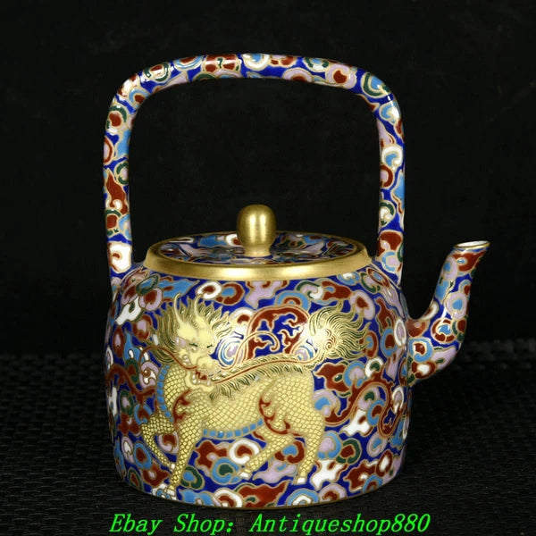 4.9''Qing Qianlong Marked Enamel Colour Porcelain Gold Kylin Wine Tea Pot Flagon-