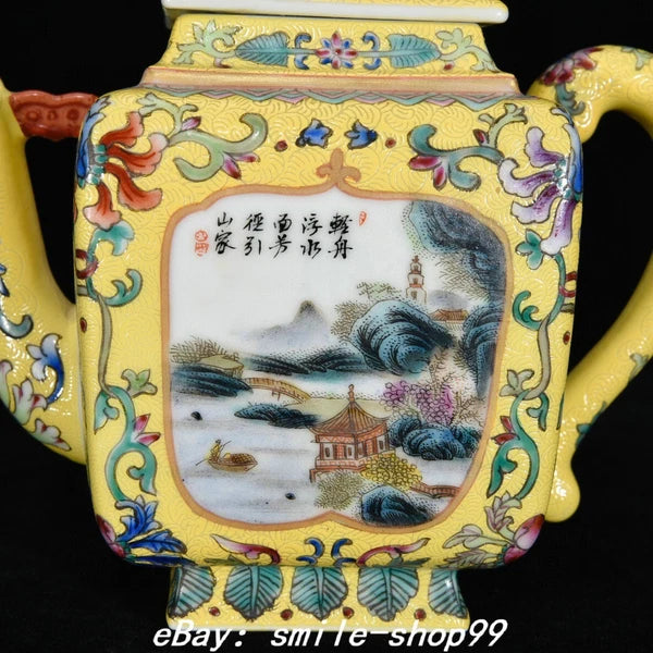 7" Yongzheng Dynasty Enamel Colour Porcelain Gilt Fengshui landscape Kettle Pot