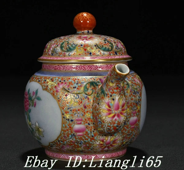 5'' Qing Qianlong Enamel Colour Porcelain Gold Peony Flower Wine Tea Pot Flagon-