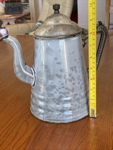 ANTIQUE GREY GRANITEWARE ENAMEL COFFEE TEAPOT IRON HANDLE WOOD KNOB PAT OCT 1889