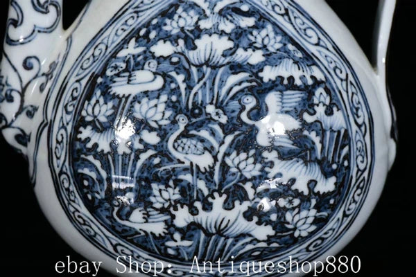 10.2" Ming Hong Wu Year Blue White Porcelain Crane Birds Wine Tea Pot Flagon