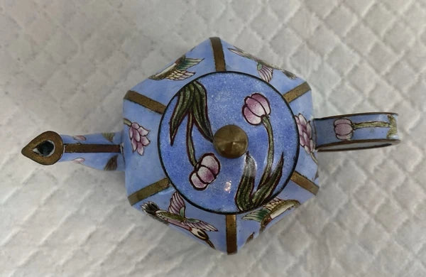 B. Yee Chinemel Miniature Teapot Copper & Enamel Blue Sky Hummingbird Vintage
