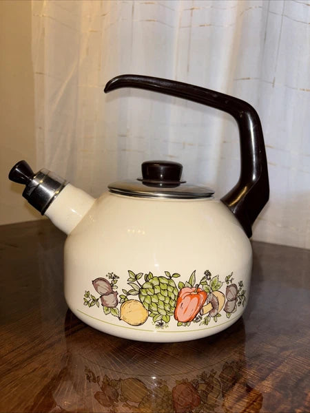 Vtg 1980s Whistling Teapot Kettle Vegetable Motif Enamel 2 Qt Retro Design