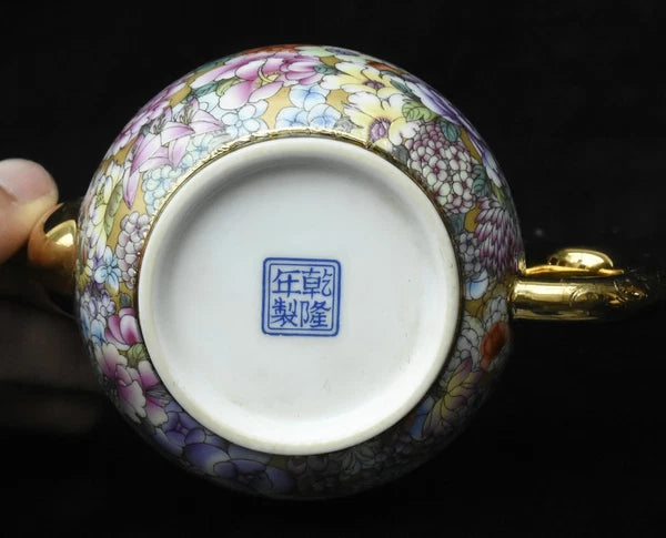 5.5'' Qianlong Enamel Colour Porcelain Gilt Flower Pattern Wine Tea Pot Flagon-