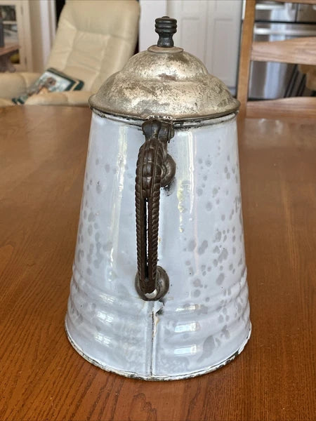 ANTIQUE GREY GRANITEWARE ENAMEL COFFEE TEAPOT IRON HANDLE WOOD KNOB PAT OCT 1889