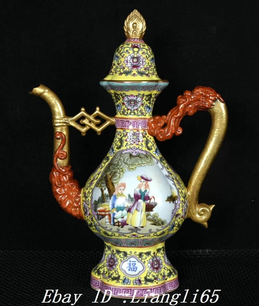 12.5" Qing Enamel Colour Porcelain Gilt Dragon Handle Beauty Wine Tea Pot Flagon-