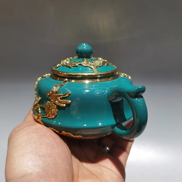 5.5" China Yixing Zisha Pottery Colour Enamels Red Clay 260CC Gild Flower Teapot