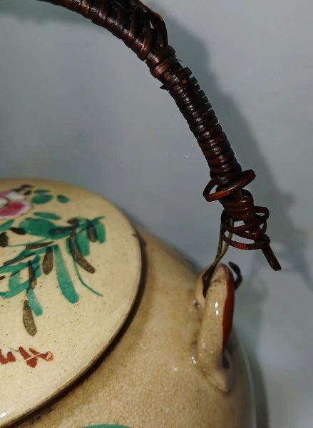 Antique Japanese Yellow Ware Ceramic Famille Rose Raised Enamel Teapot